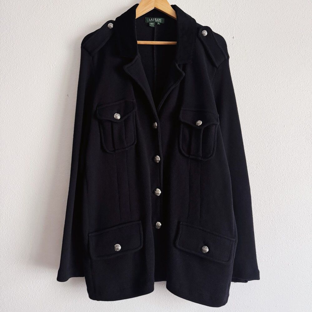 90s vintage Lauren Ralph Lauren black military-style cardigan w/ velvet collar